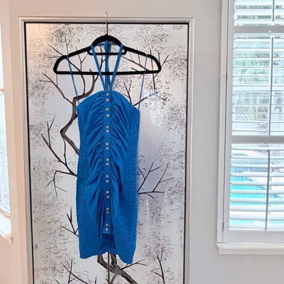 NWT $128 Free People Womens XS Bali Babe Blue Halter Bodycon Smocked Sexy Dress - Picture 3 of 13